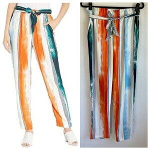 NWOT BCBGMaxAzria Striped Brushstroke Casual Pull On Pants in Orange Blue Size M